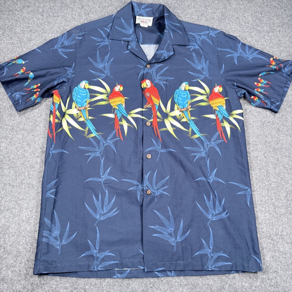 Pacific Legend Mens Parrot Bamboo Hawaiian Shirt Navy Blue Cotton Size M USA